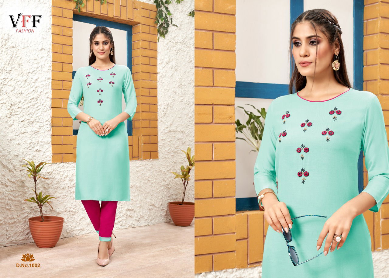 Vff Tulashi Rayon Designer Ethnic Wear Kurti With Pant Collection